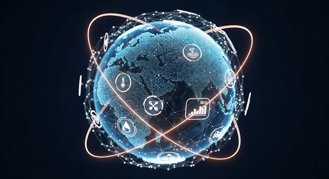 Digital earth with icons and network connections representing global technology and data flow