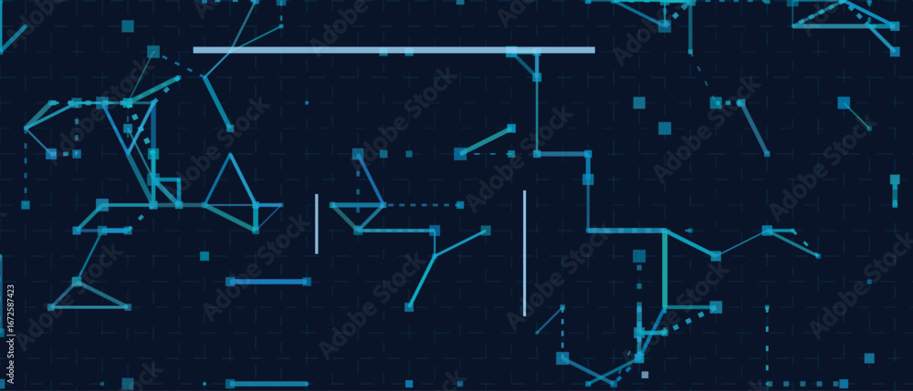 Poster futuristic vector tech background with connected lines and nodes on dark grid.