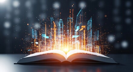 Unfolding the Future Open Book Reveals a Futuristic Cityscape in a Burst of Digital Brilliance