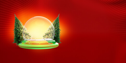 Magical Christmas Glass Dome with Glowing Light and Snow Globe Effect, Surrounded by Decorated Holiday Trees, Festive Ornaments, Shiny Golden Glow, and Colorful Lights on Bright Red Background 