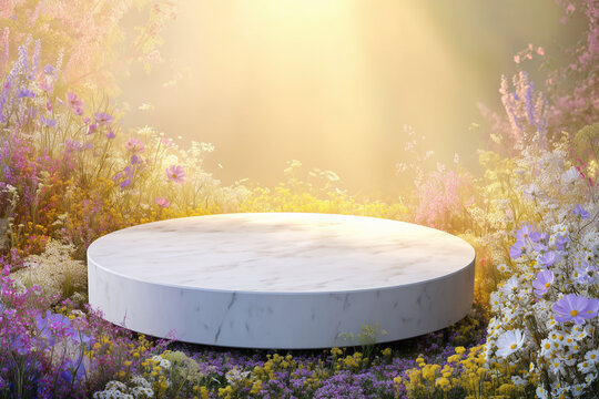 White marble podium surrounded by colorful wildflowers and soft golden light stage platform