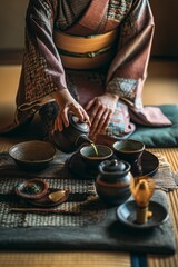 Traditional Japanese or Chinese Asian Eastern tea ceremony, woman in kimono gracefully preparing tea in cups using elegant utensils in a tatami room.