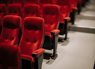 Fototapeta premium Luxury Red Velvet Cinema Seats in an Empty Auditorium