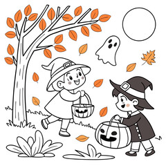 Autumn Halloween Party 
Kids wearing Halloween costume in autumn.vector illustration of coloring page black and white  