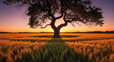 Lone Tree in Wheat Field at Sunset
