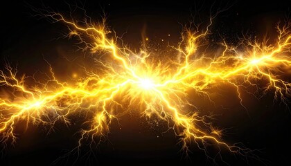 Powerful golden electrical energy bursts and sparks explode across a dark background