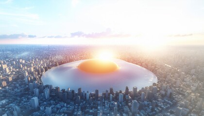 Aerial View of Futuristic Megacity with Massive Fried Egg at the Center, Radiating Surreal Morning Light and Modern Skyscrapers