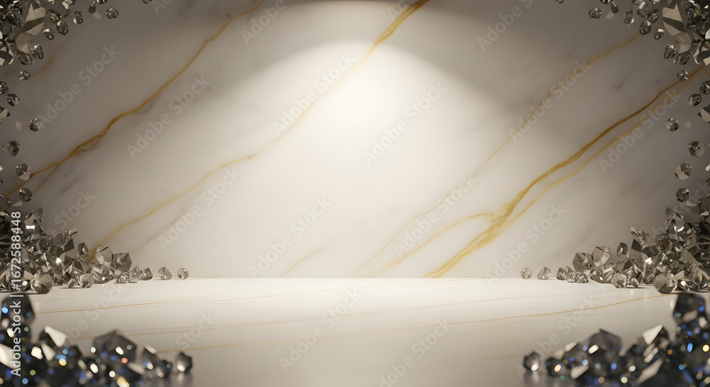 Poster elegant empty display space with marble wall and crystal border.