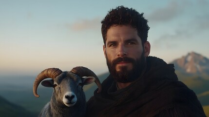 Dark haired man with ram in mountain landscape, golden hour portrait, spiritual symbolism and wildlife bond, cinematic wilderness and masculine strength theme