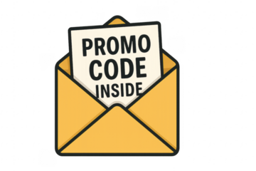 Open envelope containing promo code on transparent background
