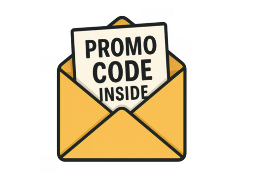 Open envelope containing promo code on transparent background