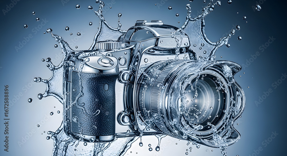Poster a digital camera encased in water, with droplets splashing and creating a dynamic visual effect.