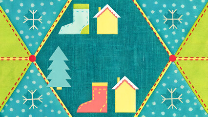 Colorful winter themed decorations with trees, houses, and boots  