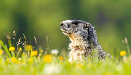 Captivating groundhog observing the vivid meadow landscape on a sunny day