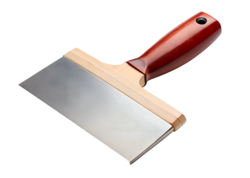 A metal putty knife with a wooden handle isolated on a transparent background
