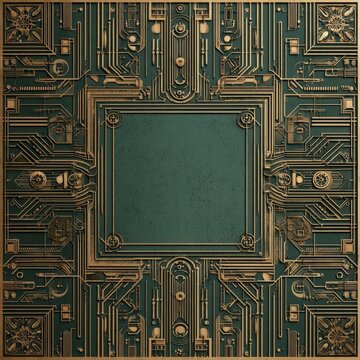 Ornate Gold Circuit Board Design on Green Background with Central Square