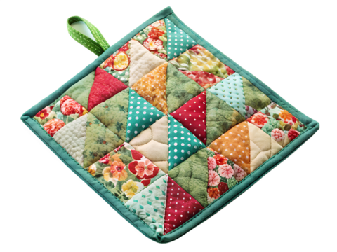 A colorful patchwork pot holder with floral and geometric patterns isolated on a transparent background - Powered by Adobe