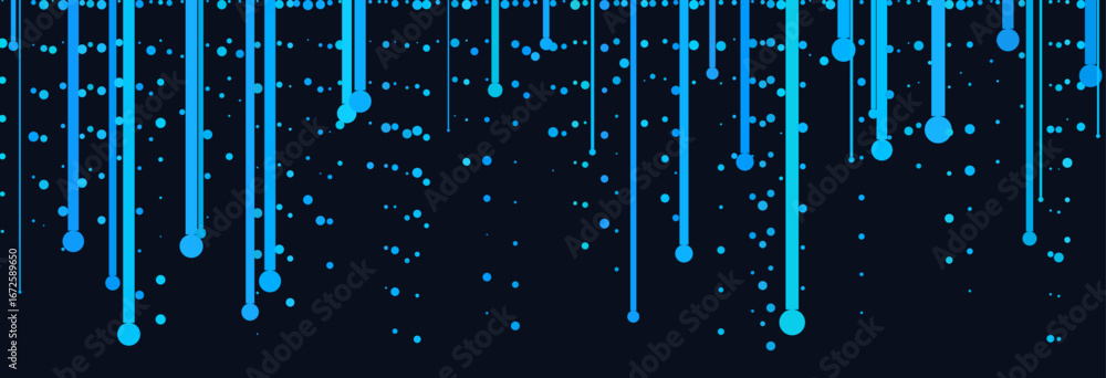 Poster futuristic vector tech background with falling blue lines and dots.