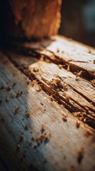 Close-up of termites on damaged wooden furniture. Pest infestation, extermination or pest insect control solutions in the household. 