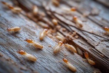 Close-up of termites on damaged wooden furniture. Pest infestation, extermination or pest insect control solutions in the household. 