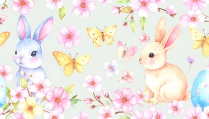 Obraz premium Delicate Watercolor Spring Pattern with Cute Bunnies Blossoms and Butterflies for Seasonal Charm