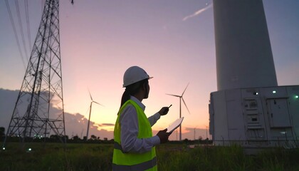 Engineer inspecting wind turbine at sunset