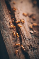 Close-up of termites on damaged wooden furniture. Pest infestation, extermination or pest insect control solutions in the household. 