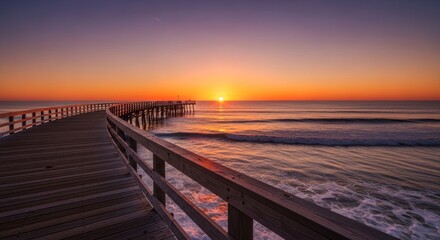 Obraz premium Serene sunrise over the ocean, viewed from a curved wooden pier, showcasing a tranquil and colorful morning sky.
