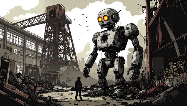 Giant robot in a ruined factory