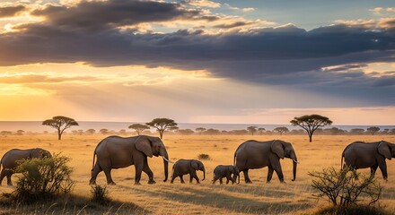 Fototapeta premium Majestic Herd of Elephants Walking Across the African Savanna at Sunset with Warm Golden Light and Dramatic Clouds