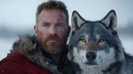 Bearded man with grey wolf in snowy wilderness, cinematic portrait of primal bond, rugged survival concept with winter background, animal companion, raw masculine energy