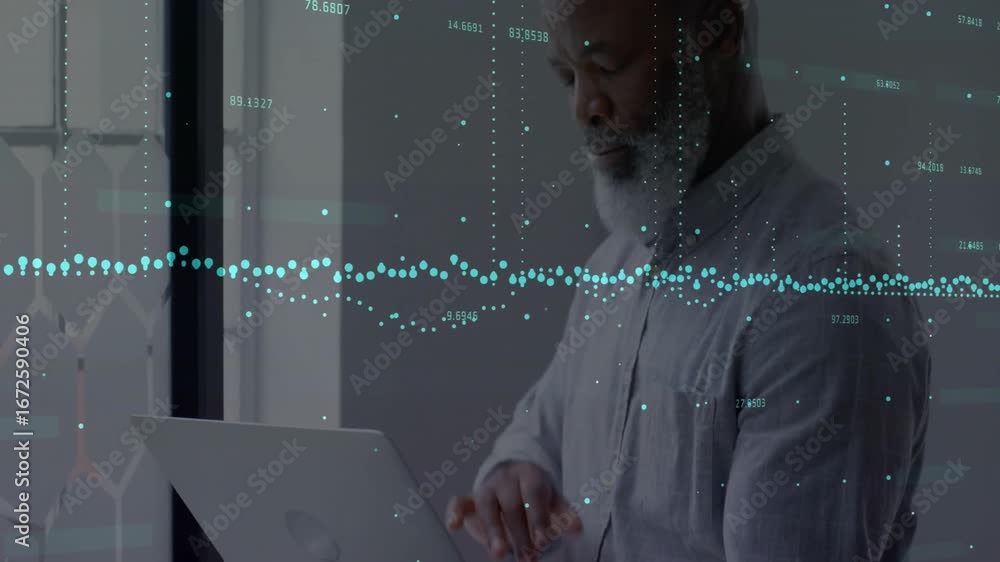 Poster analyzing data over man using laptop in office