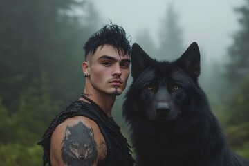 Tattooed man with wolf tattoo on arm standing beside black wolf in foggy forest, symbolic primal bond, cinematic wilderness portrait with dramatic human animal connection