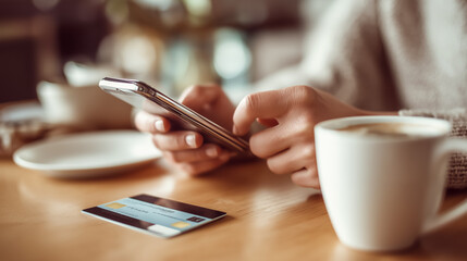 Close-up of person using smartphone for online shopping with credit card and coffee