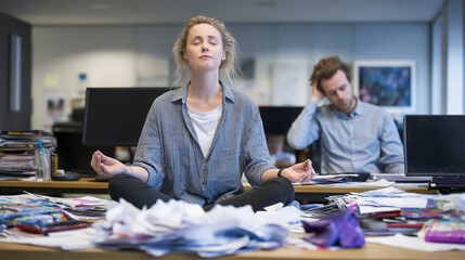 Stressed office worker meditating on messy desk while colleague looks frustrated