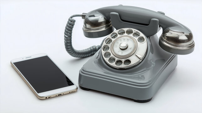 Modern smartphone lying beside classic vintage rotary dial telephone