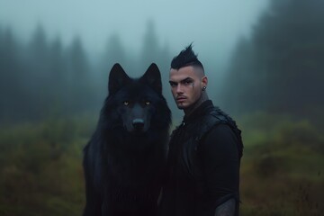 Man with mohawk hairstyle standing beside black wolf in misty forest, cinematic wilderness portrait, symbolic human animal bond with primal strength and survival inspired aura