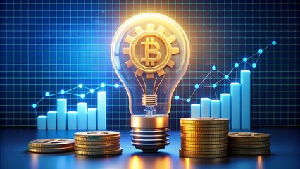 A glowing lightbulb with a bitcoin symbol inside, set against a digital background with financial charts and rising bar graphs, representing cryptocurrency innovation and investment