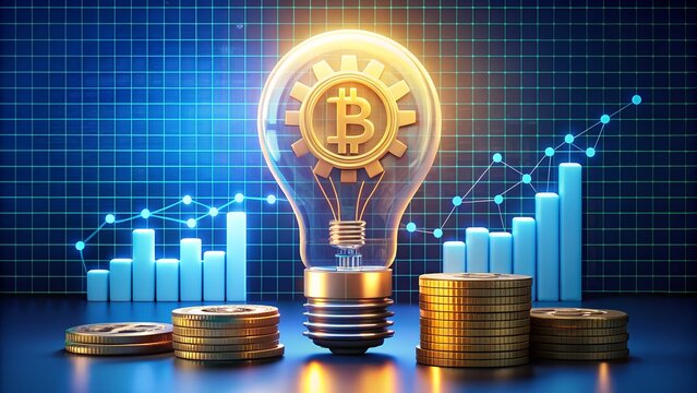 A glowing lightbulb with a bitcoin symbol inside, set against a digital background with financial charts and rising bar graphs, representing cryptocurrency innovation and investment