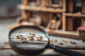 Close-up of termites under a magnifying glass, on damaged wooden furniture. Pest infestation, extermination or pest insect control solutions in the household. 