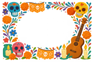 Dia de los muertos frame with colorful skulls, flowers, guitar and candles decorating a transparent background