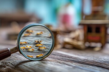 Close-up of termites under a magnifying glass, on damaged wooden furniture. Pest infestation, extermination or pest insect control solutions in the household. 