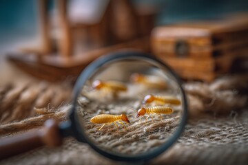 Close-up of termites under a magnifying glass, on damaged wooden furniture. Pest infestation, extermination or pest insect control solutions in the household. 