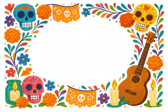 Dia de los muertos frame with colorful skulls, flowers, guitar and candles decorating a transparent background
