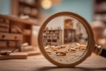Close-up of termites under a magnifying glass, on damaged wooden furniture. Pest infestation, extermination or pest insect control solutions in the household. 