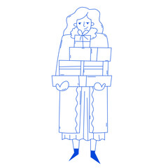 Woman with Christmas gift. Happy human in warm winter clothes holding gift boxes.