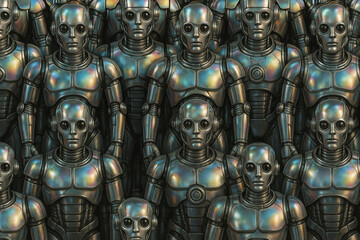 Fototapeta premium Robotic figures in metallic crowd display futuristic design