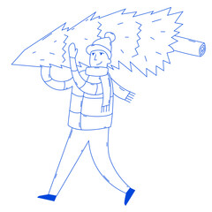 Man with Christmas tree. Happy human in warm winter clothes holding xmas tree.