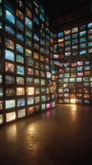 Blurred background of Wall of multiple televisions, each screen displaying different scenes. Overwhelming atmosphere, symbolizing media overload, propaganda, and the impact of constant news coverage.