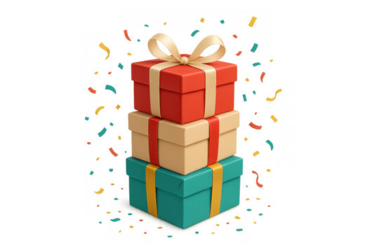 Stack of colorful gift boxes with falling confetti on transparent background